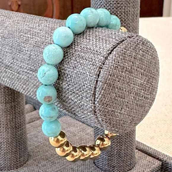 Turquoise Beaded 18k PVD Stainless Steel Ball Stretch Bracelet Waterproof - Picture 4 of 5